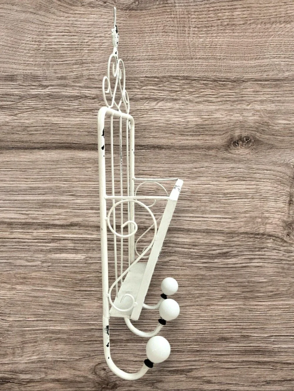 Shabby White Metal Wall Basket w Hangers Cottagecore Kitchen Bathroom Garden